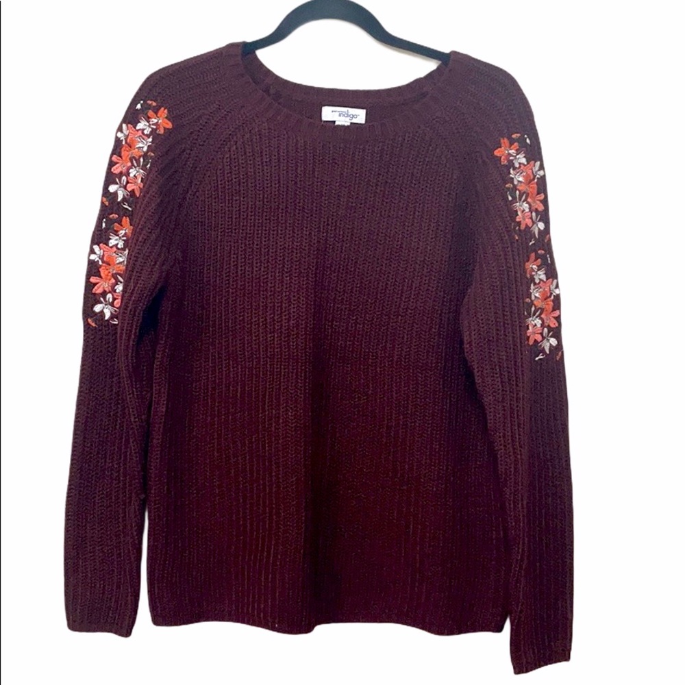 Solid Knit Embroidered Sweater- Burgundy